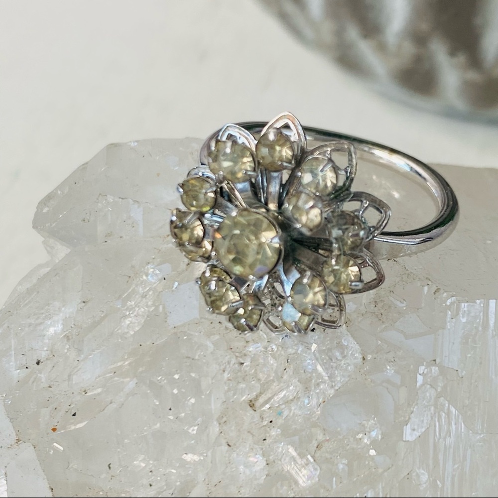 SOLD Vintage Rhinestone Flower Cocktail Ring Adjustable - Picture 3 of 13